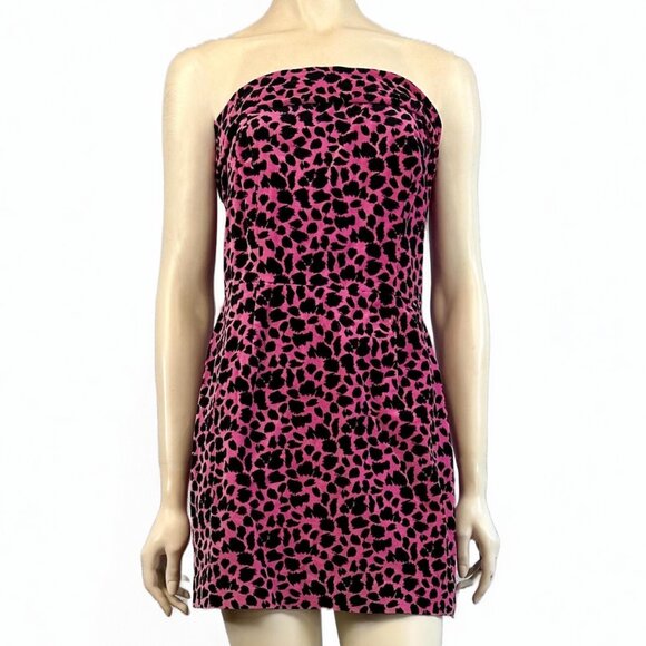 Betsey Johnson - Pink & Black Leopard Print Velvet Strapless Mini Dress - size 4 - Picture 1 of 10